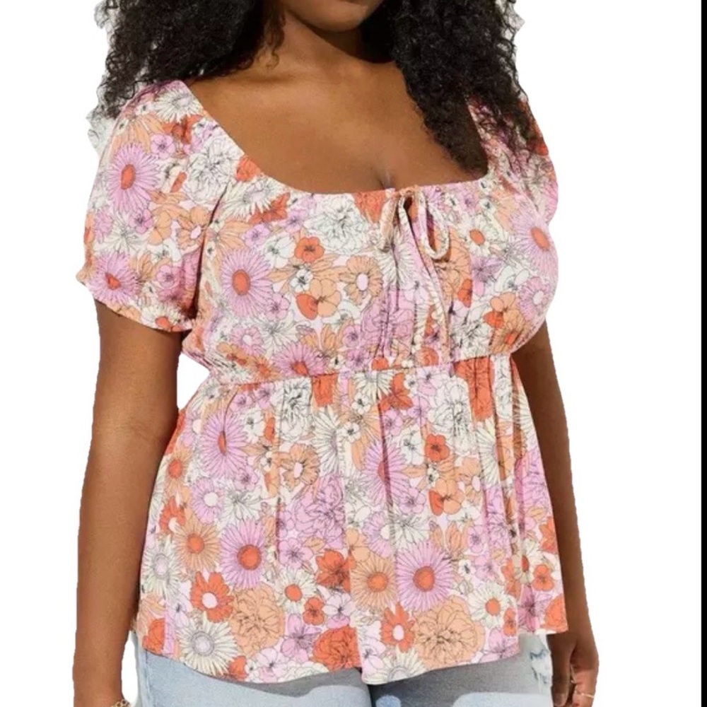 Torrid Top Babydoll Crinkle Gauze Tie Front Puff Sleeves Floral Boho Retro Pink